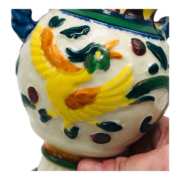 Moriyama Japanese Vase Hand Painted Bird Flower Ceramic Pottery Double Handle 6” - Picture 5 of 14